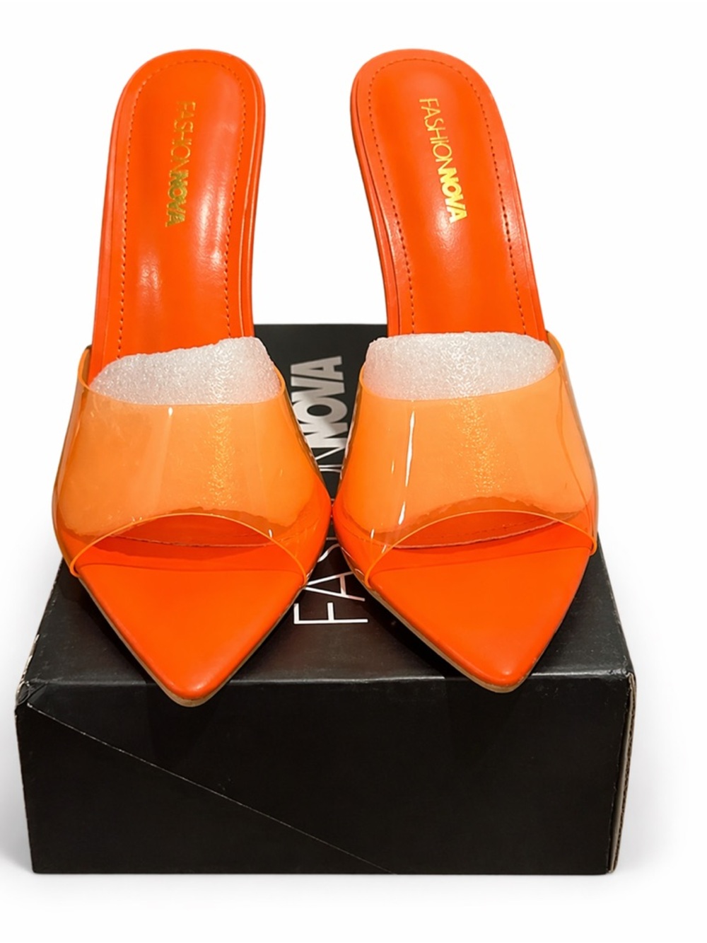 Fashion Nova Orange Pointed Toe Clear Strap Mules